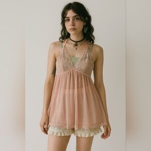 Pink Lace Sheer Babydoll Slip Dress S Ethereal Romantic Coquette Fairy Grunge